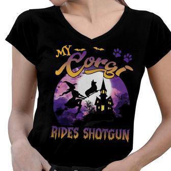 My Corgi Rides Shotgun Cool Halloween Protector Witch Dog V2 Women V-Neck T-Shirt - Monsterry