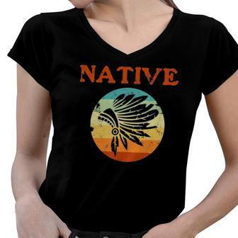 Native Retro Vintage Native American Day Support Graphic Women V-Neck T-Shirt | Mazezy