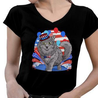 Nebelung Cat 4Th Of July Patriotic American Kitten Women V-Neck T-Shirt | Mazezy