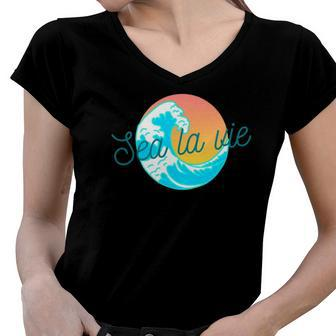 Ocean Wave Sunset Sea La Vie Summer Gift Women V-Neck T-Shirt | Mazezy