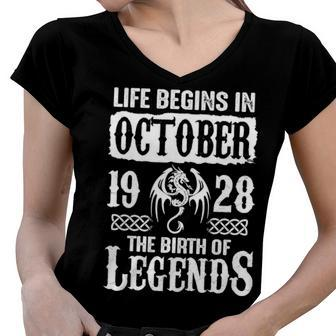 October 1928 Birthday Life Begins In October 1928 Women V-Neck T-Shirt - Seseable
