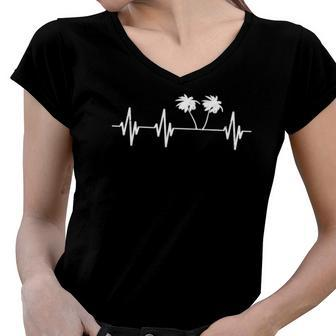 Palm Vacation Heartbeat Vacationers Island Sun Heart Line Women V-Neck T-Shirt | Mazezy