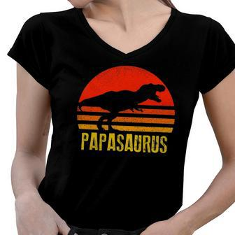 Papasaurus Retro Vintage Sunset Dinosaur Gift Women V-Neck T-Shirt | Mazezy