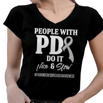 Parkinsons Disease Awareness Nice Slow Warrior Survivor Women V-Neck T-Shirt | Mazezy
