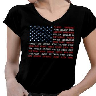 Patriotic July 4Th Usa American Flag All 50 State Names Women V-Neck T-Shirt - Seseable