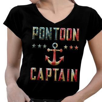 Patriotic Pontoon Captain Vintage Us Flag July 4Th Boating Women V-Neck T-Shirt - Seseable