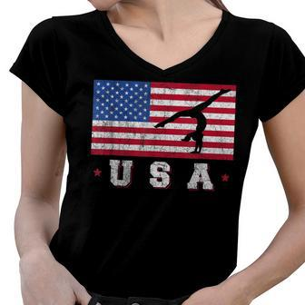 Patriotic Sports Gift American Usa Flag Girls Gymnastics V3 Women V-Neck T-Shirt - Seseable