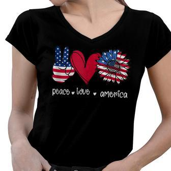 Peace Love America 4Th July Patriotic Sunflower Heart Sign V2 Women V-Neck T-Shirt - Seseable