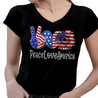 Peace Love America 4Th July Patriotic Sunflower Heart Sign V4 Women V-Neck T-Shirt - Seseable