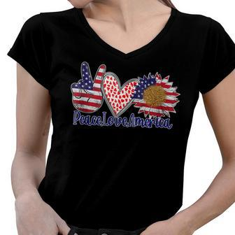 Peace Love America 4Th July Patriotic Sunflower Heart Sign V5 Women V-Neck T-Shirt - Seseable