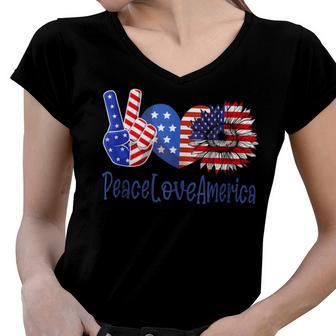 Peace Love America 4Th July Patriotic Sunflower Heart Sign V6 Women V-Neck T-Shirt - Seseable