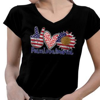 Peace Love America 4Th July Patriotic Sunflower Heart Sign Women V-Neck T-Shirt - Seseable