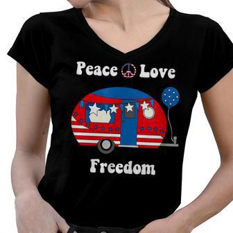 Peace Love And Freedom Rv Camper Graphic 4Th Of July Women V-Neck T-Shirt - Seseable