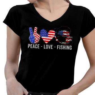 Peace Love Fishing America 4Th July Patriotic Heart Sign Women V-Neck T-Shirt - Seseable