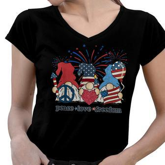 Peace Love Freedom Fireworks Gnomes 4Th Of July America Women V-Neck T-Shirt - Seseable