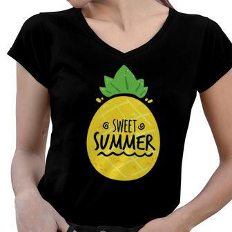 Pineapple Summer Funny Sweet Summer Hello Break Vacation Women V-Neck T-Shirt | Mazezy