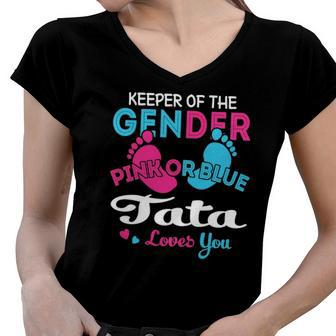 Pink Or Blue Tata Loves You Gender Reveal Women V-Neck T-Shirt | Mazezy