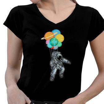 Planet Balloons Astronaut Space Science Women V-Neck T-Shirt | Mazezy