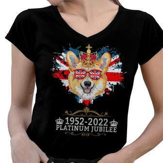 Platinum Jubilee 2022 Union Jack For Kids & Jubilee Corgi Women V-Neck T-Shirt | Mazezy