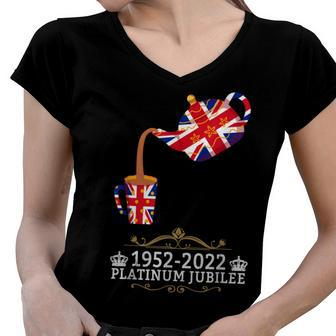 Platinum Jubilee 2022 Union Jack For Kids & Jubilee Teapot Women V-Neck T-Shirt | Mazezy