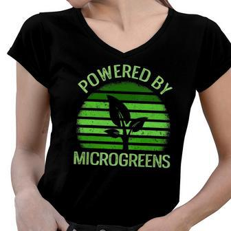 Powered By Microgreens Vegan Urban Farmers Gardening Women V-Neck T-Shirt | Mazezy