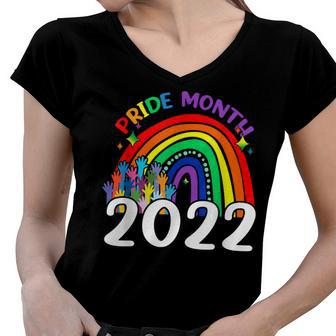 Pride Month 2022 Lgbt Rainbow Flag Gay Pride Ally Women V-Neck T-Shirt | Mazezy