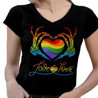 Rainbow Heart Skeleton Love Is Love Lgbt Gay Lesbian Pride Women V-Neck T-Shirt | Mazezy