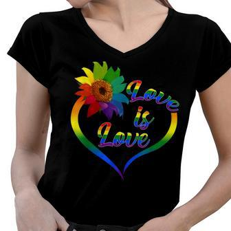 Rainbow Sunflower Love Is Love Lgbt Gay Lesbian Pride V2 Women V-Neck T-Shirt | Mazezy