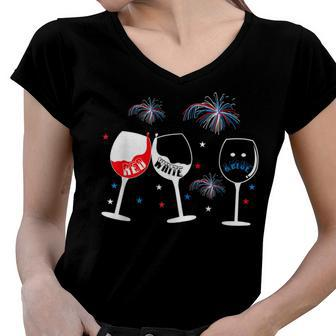 Red White And Blue Funny Wine Glass For 4Th Of July Women V-Neck T-Shirt - Seseable