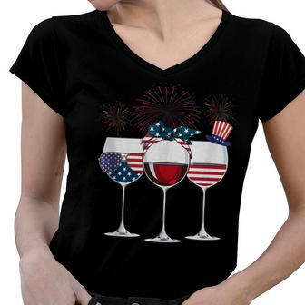 Red White And Blue Wine Glass 4Th Of July Women V-Neck T-Shirt - Seseable