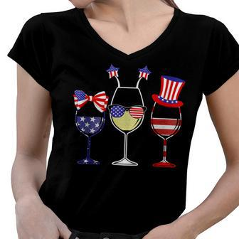 Red Wine And Blue 4Th Of July Red White Blue Wine Glasses Women V-Neck T-Shirt - Seseable