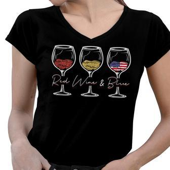 Red Wine & Blue 4Th Of July Wine Red White Blue Merica Usa Women V-Neck T-Shirt | Mazezy