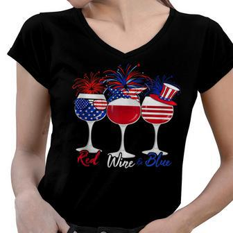 Red Wine & Blue 4Th Of July Wine Red White Blue Wine Glasses V6 Women V-Neck T-Shirt - Seseable
