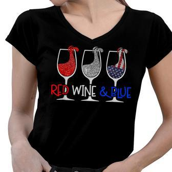 Red Wine & Blue 4Th Of July Wine Red White Blue Wine Glasses V8 Women V-Neck T-Shirt - Seseable