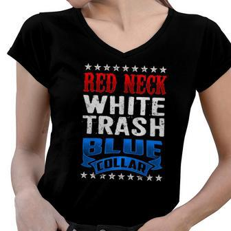 Redneck White Trash Blue Collar Back Design America Women V-Neck T-Shirt | Mazezy