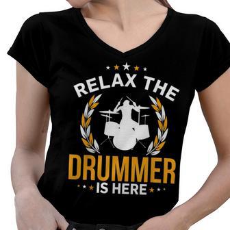 Relax The Drummer Here Women V-Neck T-Shirt - Monsterry