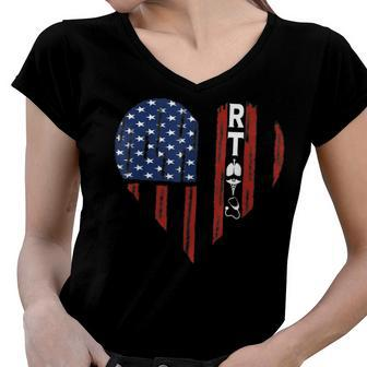 Respiratory Therapist Heart Retro American Flag 4Th Of July Women V-Neck T-Shirt - Seseable