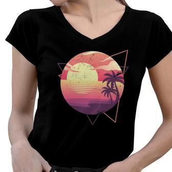 Retro 80S Vaporwave Aesthetic Tropical Sunset 90S Vaporwave Women V-Neck T-Shirt | Mazezy