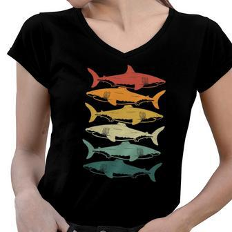 Retro Sharks For Shark Lover Women V-Neck T-Shirt | Mazezy