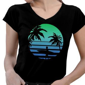 Retro Water Sport Surfboard Palm Tree Sea Tropical Surfing Women V-Neck T-Shirt | Mazezy
