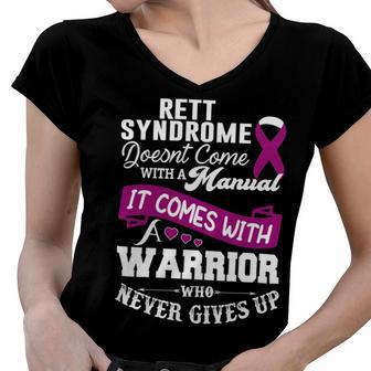 Rett Syndrome Doesnt Come With A Manual It Comes With A Warrior Who Never Gives Up Purple Ribbon Rett Syndrome Rett Syndrome Awareness Women V-Neck T-Shirt | Favorety DE