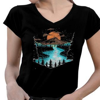 River Full Moon Mountain Outdoor Nature Tree Wildlife Forest Women V-Neck T-Shirt | Mazezy