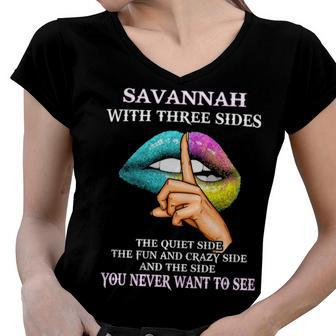 Savannah Name Gift Savannah With Three Sides Women V-Neck T-Shirt - Seseable