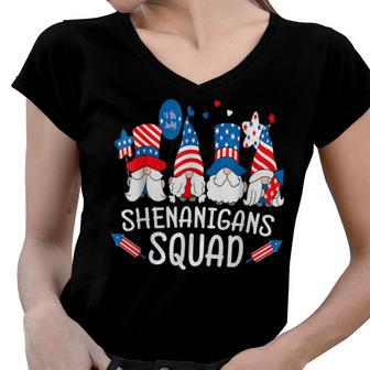 Shenanigans Squad 4Th Of July Gnomes Patriotic American Flag Women V-Neck T-Shirt - Seseable
