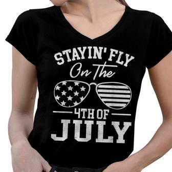 Staying Fly On The 4Th Of July Usa Flag Sunglasses Vintage Women V-Neck T-Shirt - Seseable