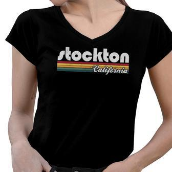 Stockton California Vintage 70S 80S Retro Style Men Women Women V-Neck T-Shirt | Mazezy