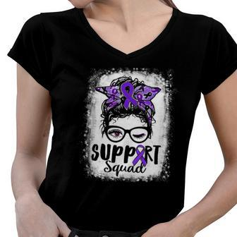 Support Squad Messy Bun Purple Lupus Awareness Lupus Warrior Women V-Neck T-Shirt | Mazezy