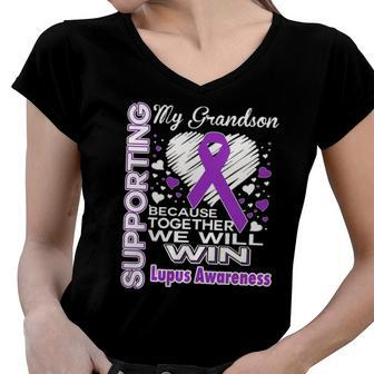 Supporting My Grandson - Lupus Awareness Women V-Neck T-Shirt | Mazezy