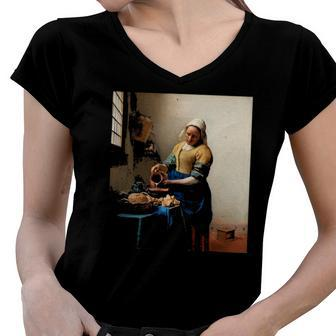 The Milkmaid Painting By Johannes Vermeer Women V-Neck T-Shirt | Mazezy