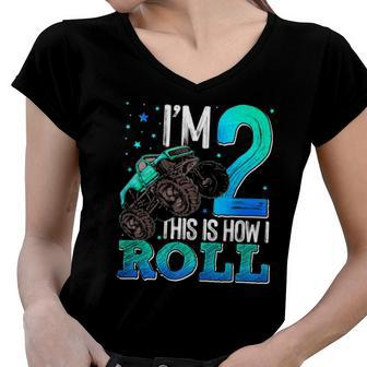 This Is How I Roll 2 Years Old Monster Truck 2Nd Birthday Women V-Neck T-Shirt | Mazezy